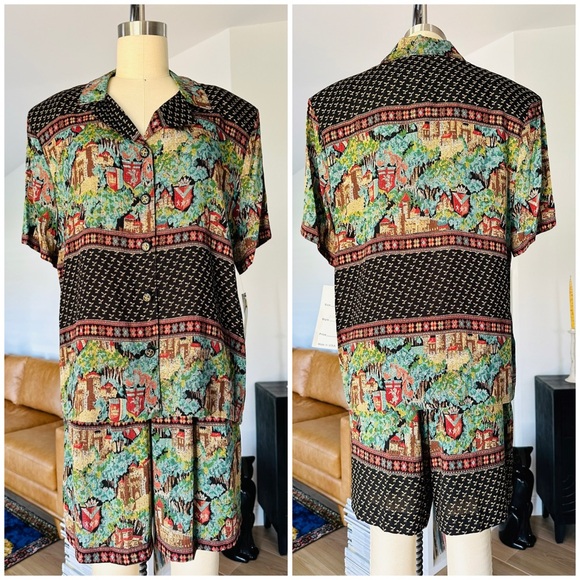 Vintage 80’s Castle Print High Waist Shorts Set - Picture 2 of 15